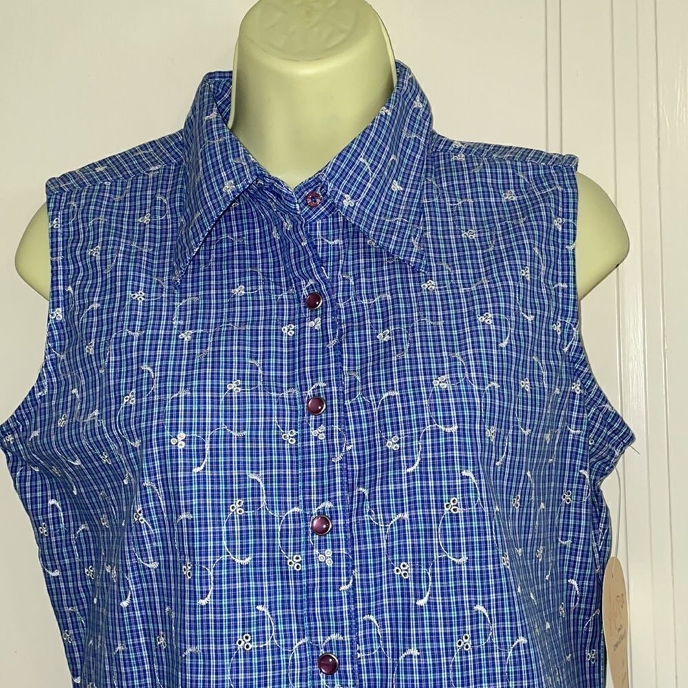 NWT Aura‎ by Wrangler blue & white eyelet plaid check sleeveless cotton shirt